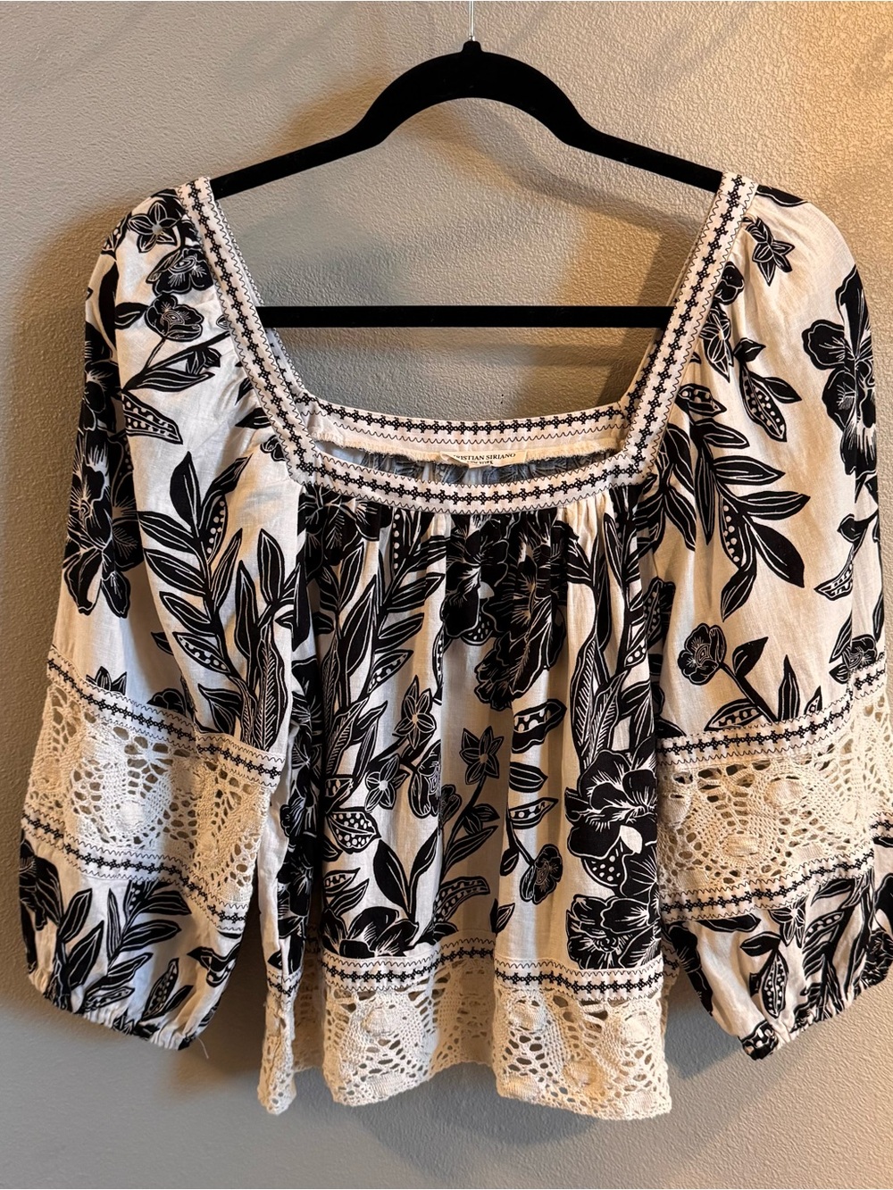 Christian Siriano Black & White Floral Crochet Peasant Blouse
